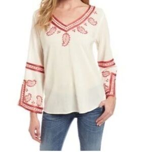 Lucky Brand Cream with Red Embroidering Raglan Blouse with Sailor Collar